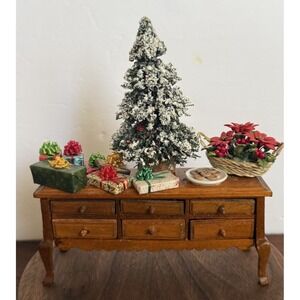 Dollhouse Miniatures Christmas Buffet Display Flocked Tree Wrapped Gifts 1:12